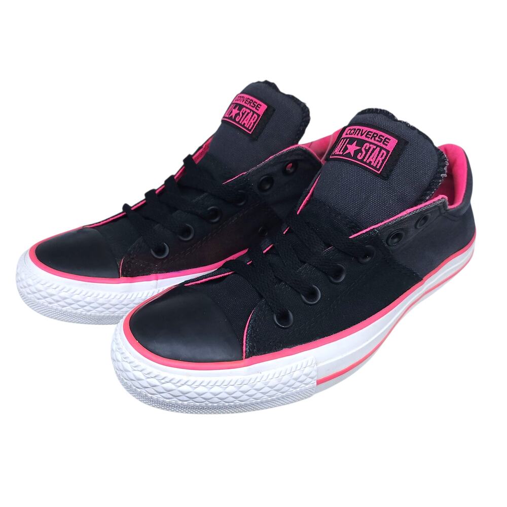 Converse Shoes Womens 8 Black Gray Hot Pink Neon Low Tops Laceless Punk Skater